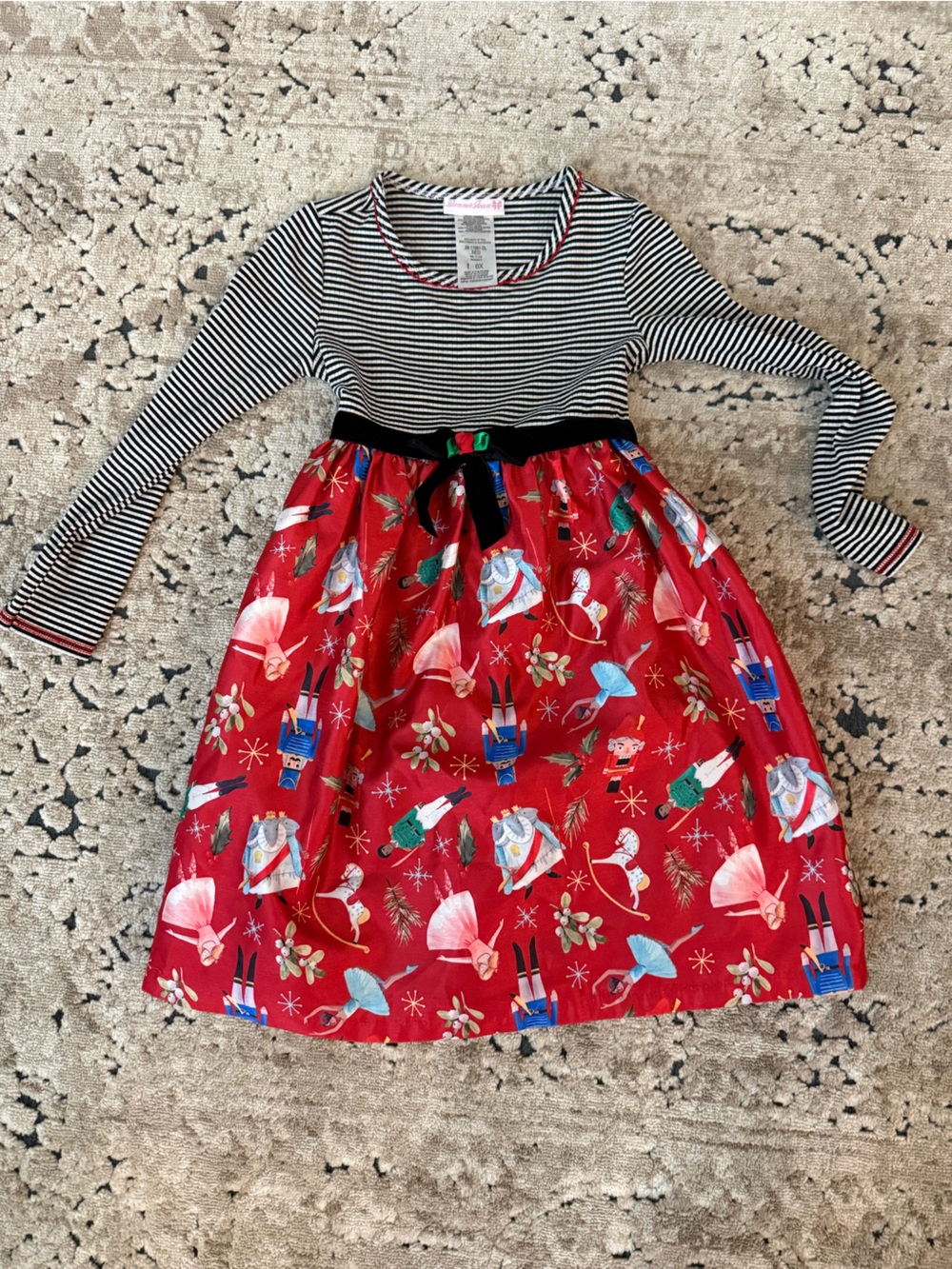 Bonnie Jean Black-White Striped Top with Red Holiday Print Skirt